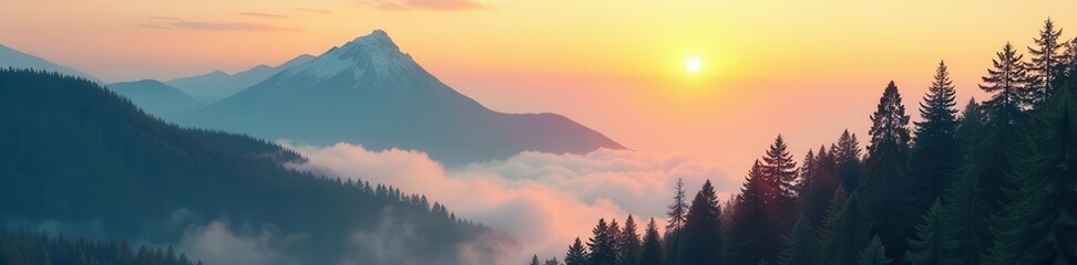 Sun-drenched misty peaks, retro-styled fir trees, design, fir, green