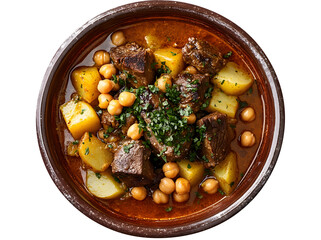 Beef and chickpea stew with potatoes isolated on transparent white background, clipping path, pen tool.