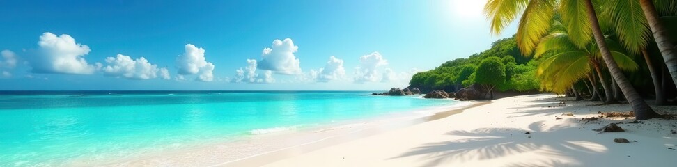 Fototapeta premium Sun-drenched sand, turquoise water, lush island backdrop, exotic, sky