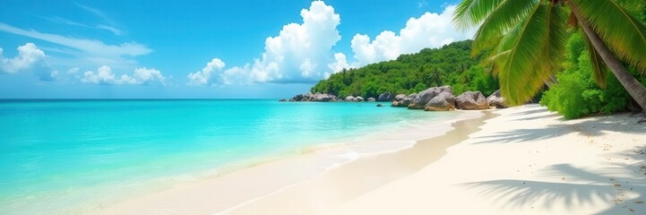 Fototapeta premium Sun-drenched sand, turquoise water, lush island backdrop, vibrant, scenic, sun