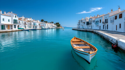 Whitewashed Mediterranean Village with Small Boat on Turquoise Water