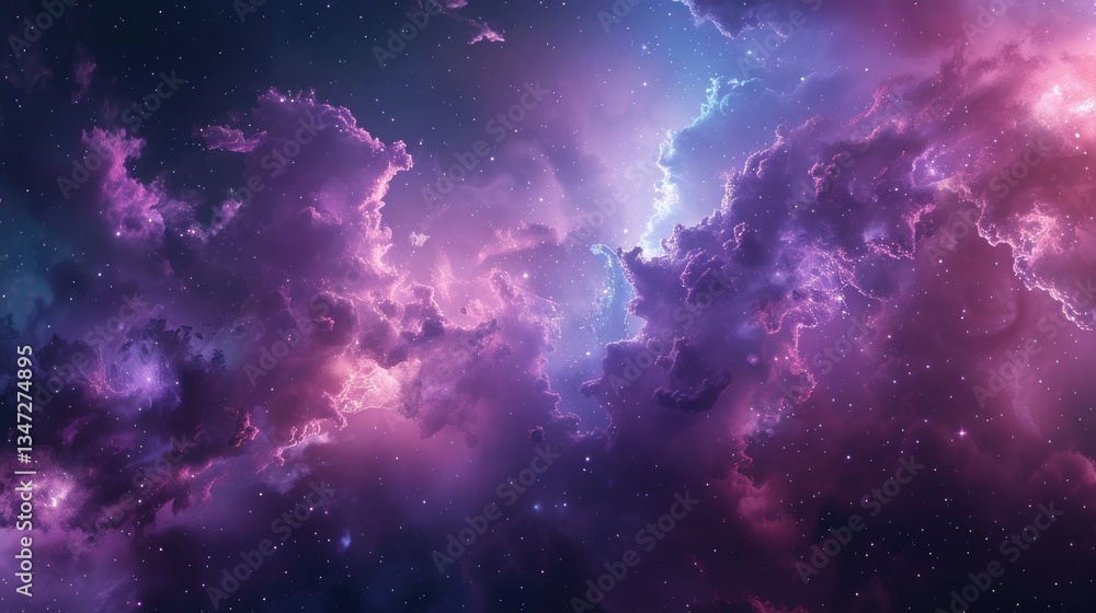 Poster cosmic background showcases deep purples and blues merging into an ethereal structure with soft ligh
