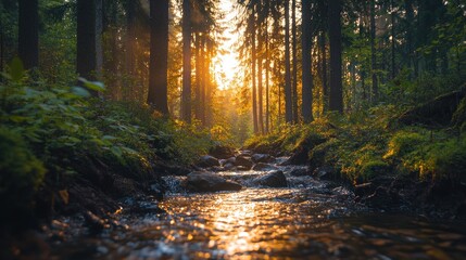 Obraz premium Sunlit forest creek path at golden hour