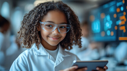 School science classroom with bright educational posters, lab equipment, and students using digital tablets for interactive science learning