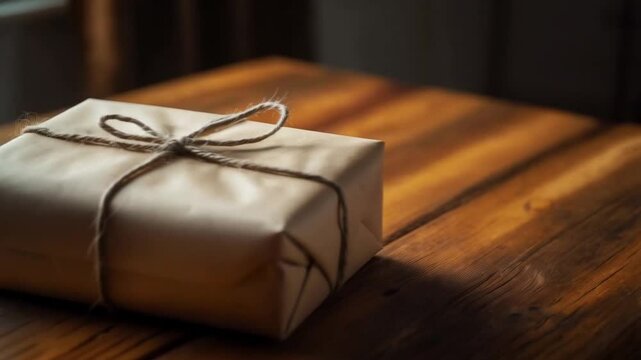 A chocolate box with a string tied around it is placed on a wooden table.Smooth repeating motion for background video animation