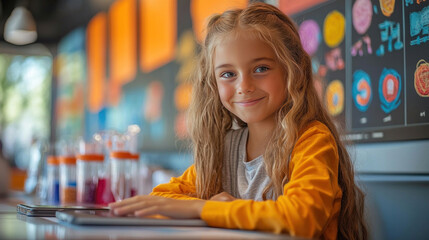 Science classroom for kids with bright, engaging posters, hands-on lab stations, and students using tablets for interactive science learning