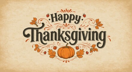 Hand drawn Thanksgiving typography poster. Celebration quote Happy Thanksgiving on textured background for postcard, Thanksgiving icon, logo or badge. Thanksgiving vector vintage style calligraphy 