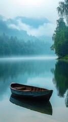 A solitary wooden boat floats gently on a tranquil lake