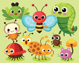 Obraz premium Cute Cartoon Insects Illustration. Adorable Bug Characters
