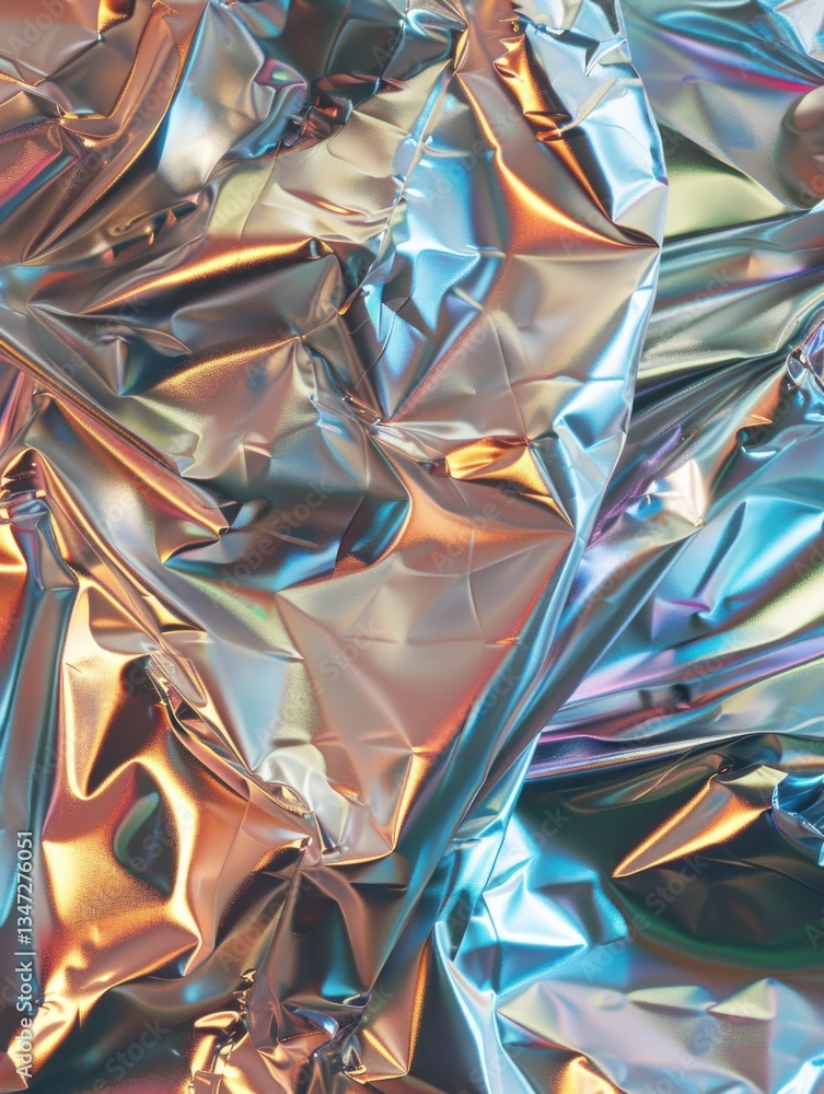 Poster intricate folds of crumpled plastic wrap catch soft light, creating a dramatic display of metallic r