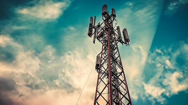 Communications tower reaching towards the sky during a vibrant sunset with scattered clouds in the background