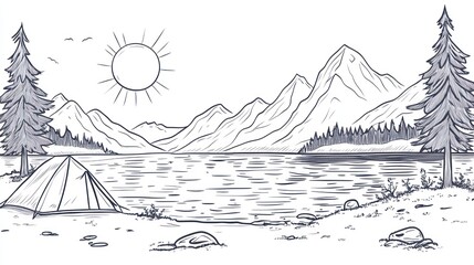 Peaceful mountain lake campsite sketch
