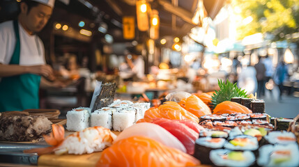 Culinary artistry in a Japanese food stall: A vibrant scene showcasing the diverse and colorful array of sushi, sashimi, and rolls. A dedicated chef meticulously prepares dishes while.