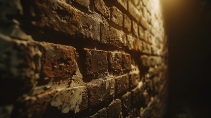 The rustic brick wall showcases uneven mortar lines and minor imperfections, illuminated by soft ambient lighting
