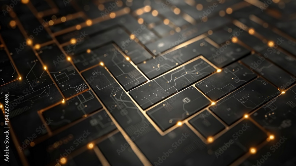 Poster circuit board pathways form an elegant grid, softly illuminated to enhance metallic details