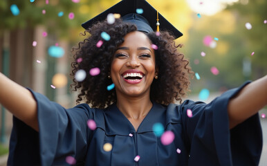 Joyful young black woman with curly hair in graduation gown celebrating with confetti