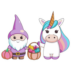 Fototapeta premium unicorn whimsical unicorn and cheerful gnome hold pumpkin and basket of colorful leaves, creating magical autumn scene