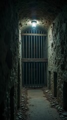 Underground prison in the castle, rusty bars, dilapidated walls, gothic patterns, dark shadows, cinematic shot