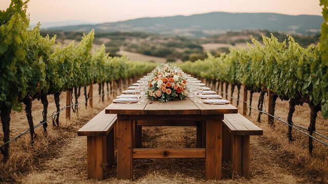 boho Rustic vineyard wedding, vineyard wedding with rustic wooden benches