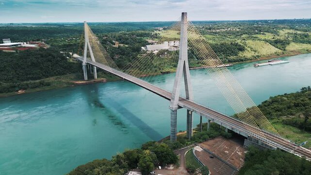 The Integration Bridge between Brazil and Paraguay. Aerial view of the area near the border of the countries of Brazil and Paraguay connected with the Integration Bridge over the Parana river