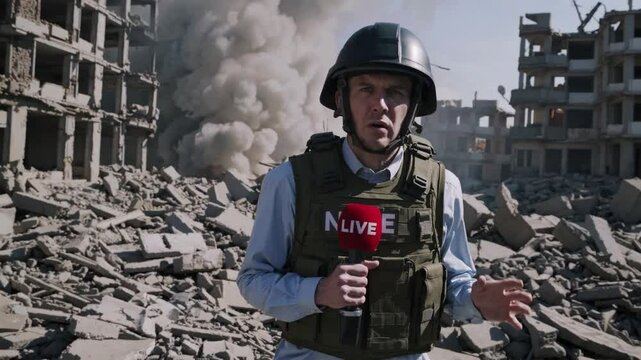 A war correspondent reports live from a conflict zone, standing amid the ruins of a destroyed city, wearing protective gear and holding a microphone as smoke rises in the background.
