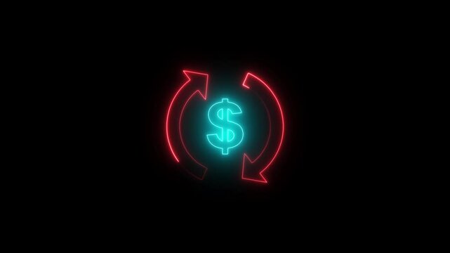 Neon glowing dollar icon animation. Dollar neon sign animation. Dollar icon. Money with arrow up.