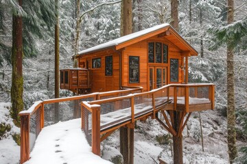 Snowy Treehouse Cabin in Forest