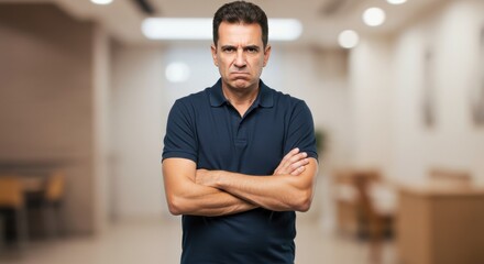 Displeased man with crossed arms in a modern office setting with blurred background