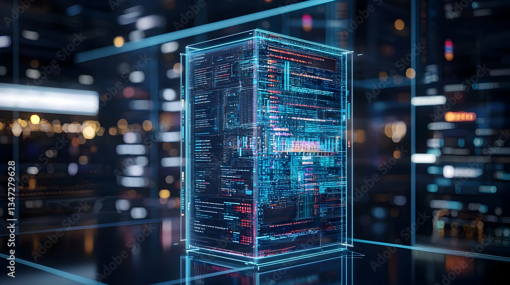 Aufkleber glowing digital cube in futuristic data center