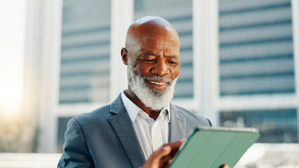 Smile, tablet and business with black man in city for client email, networking app or urban...