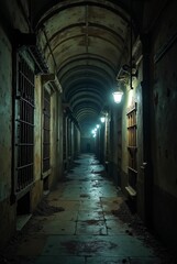 Underground prison in the castle, rusty bars, dilapidated walls, gothic patterns, dark shadows, cinematic shot