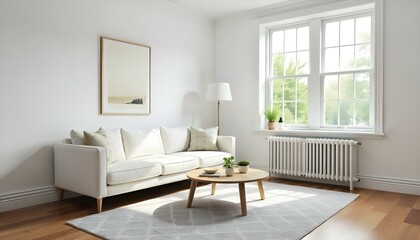 A living room with white walls, two windows , a white couch, a wooden table, and a patterned rug on a wooden floor