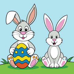 Fototapeta premium Cute Easter Bunnies with Colorful Egg Illustration