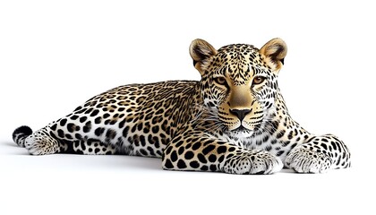 Naklejka premium Leopard resting on white surface, looking at camera