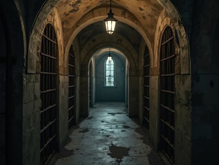 Fototapeta premium Underground prison in the castle, rusty bars, dilapidated walls, gothic patterns, dark shadows, cinematic shot