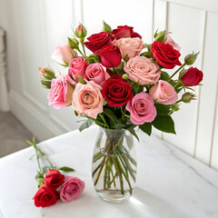 A beautiful bouquet of red and pink rosebuds arranged in a vase.