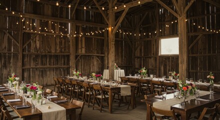 Elegant rustic barn interior set for a wedding reception with floral decor
