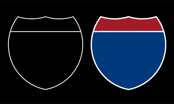 set of two highway shield icons, featuring an outline and a red-blue filled version. Ideal for traffic signs, road maps, navigation, and transportation design.