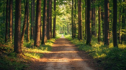 Obraz premium Sunlight path through forest trees