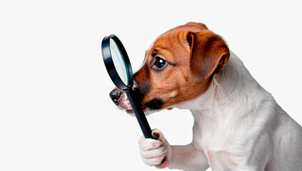 Portrait of funny jack russell dog holding magnifying glass.