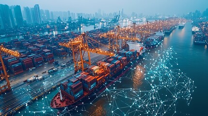 Container ship at a busy port with digital network overlay.