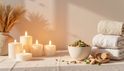 Tranquil spa setup with candles and herbal tea, calming serenity