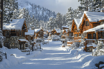 Snowy village in winter with wooden cabins and trees