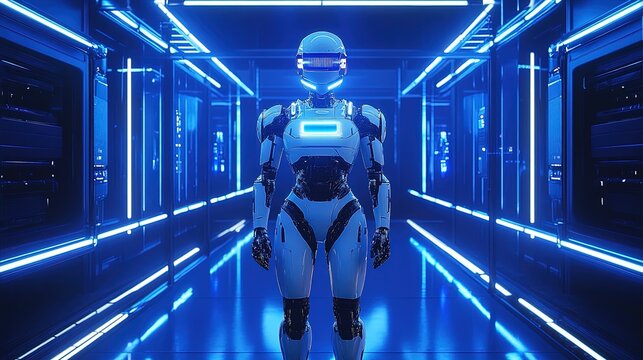 A humanoid robot standing in a futuristic lab, sophisticated design, blue neon lighting, photorealistic 