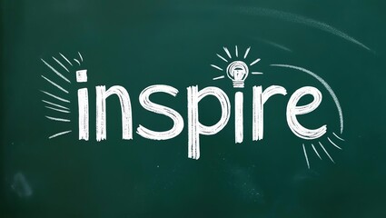 A creative representation of the word 'inspire' written in chalk on a green chalkboard, symbolizing motivation and creativity, with light bursts around the word, white isolate back
