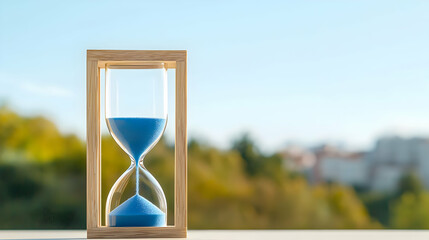 Fototapeta premium Wooden Hourglass With Blue Sand Against Out Door Scenery