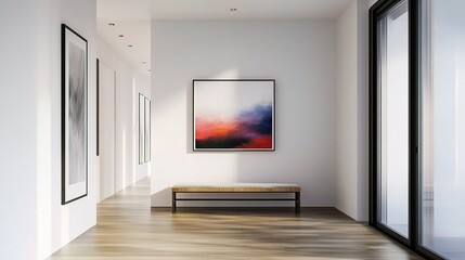 Modern Minimalist Hallway with Long Bench and Abstract Artwork