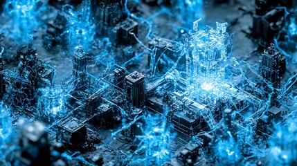 Futuristic cityscape with electric energy flowing throughout the buildings