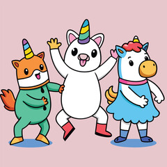 Naklejka premium Cute Cartoon Unicorns and Fox Illustration