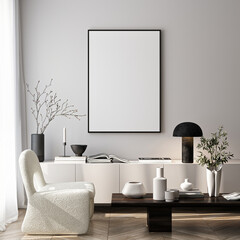 Poster mockup in a modern living room interior. Frame mockup with ISO A paper size. 3D illustration.